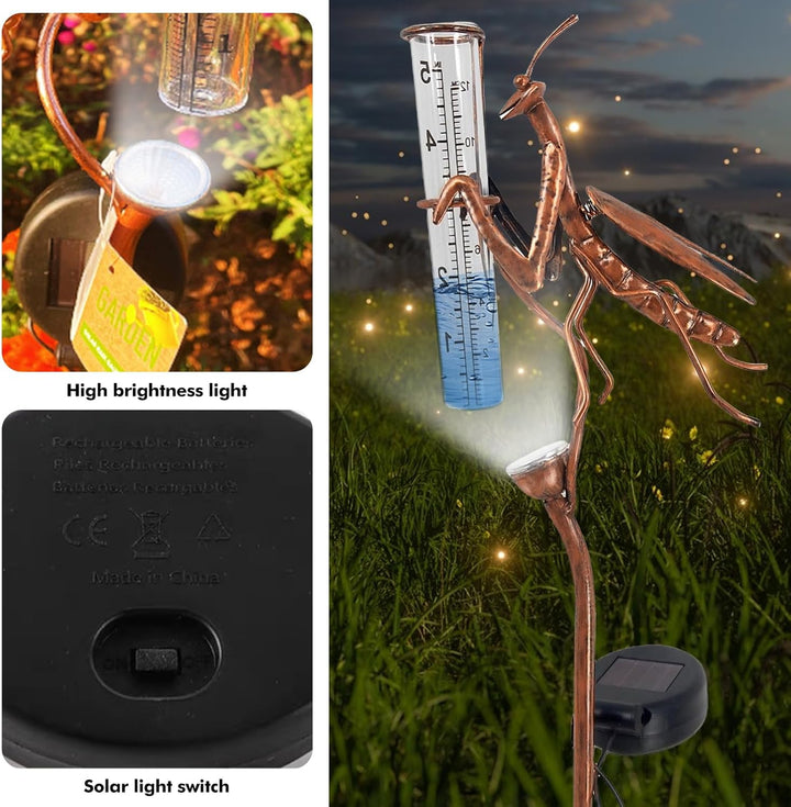 Solarbetriebener Regenmesser, Regenmesser für Garten, 61CM Niederschlagsmesser mit Erdspiess, Dekora