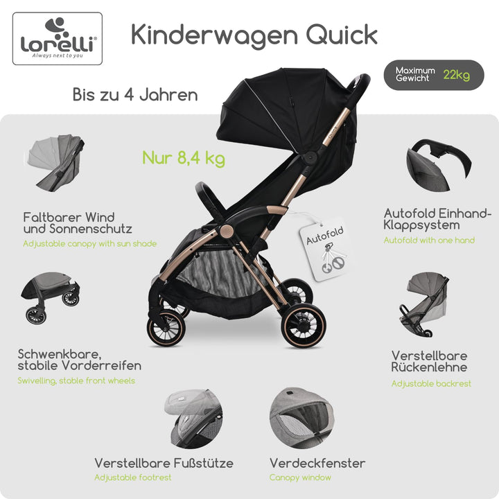 Lorelli Kinderwagen Quick, Sport Buggy klein zusammenklappbar, Einhand-Klappsystem in Sekunden, Nur