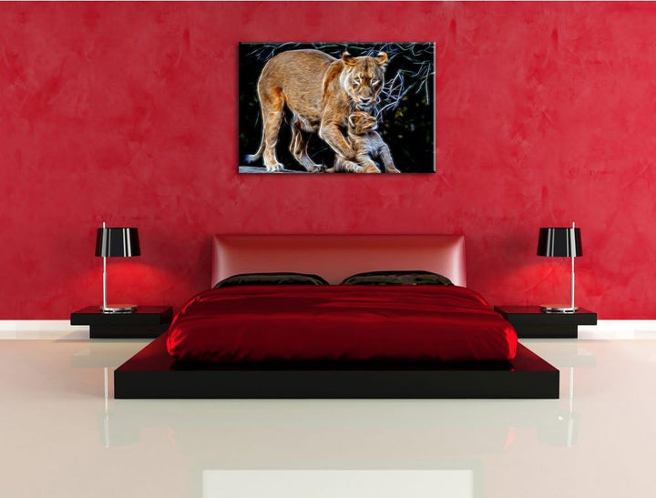 Dark Löwin spielt mit Jungtier Deluxe Format: 100x70 cm auf Leinwand, XXL riesige Bilder fertig gera