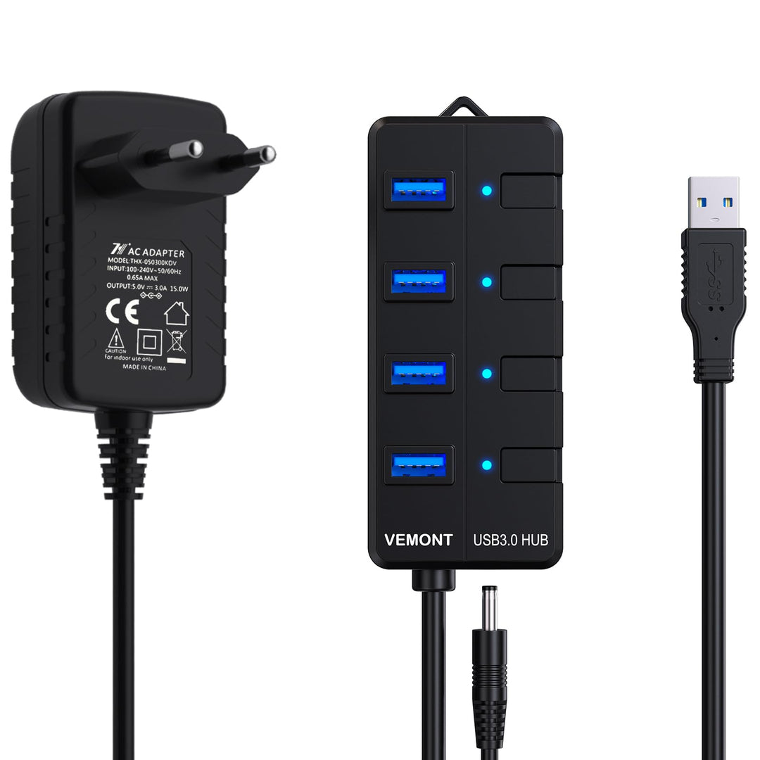USB Hub mit Netzteil,VEMONT 4 Ports USB3.0 Hub USB Verteiler Aktiv Adapter und Einzelne EIN/Aus-Scha