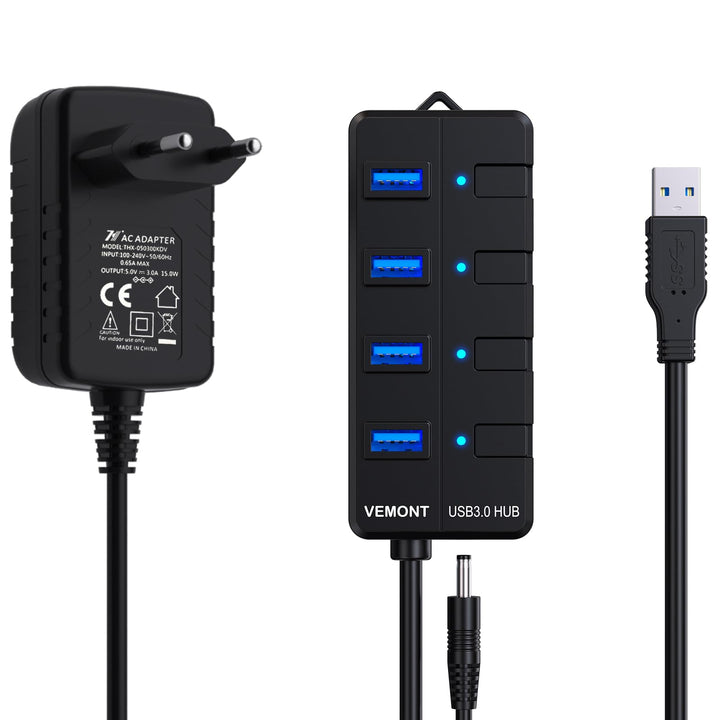 USB Hub mit Netzteil,VEMONT 4 Ports USB3.0 Hub USB Verteiler Aktiv Adapter und Einzelne EIN/Aus-Scha