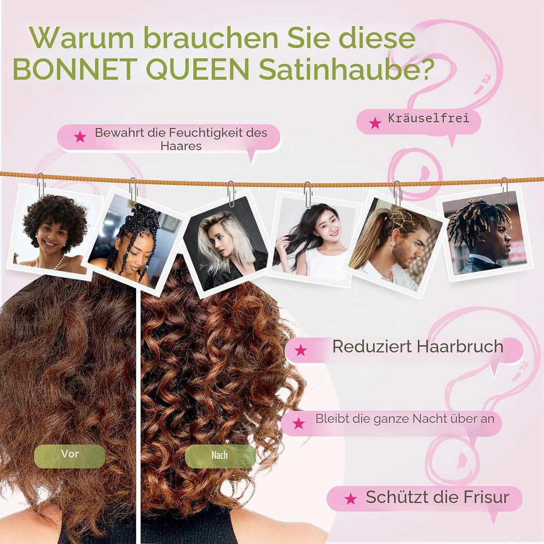 BONNET QUEEN Satin Seiden Schlafmütze Verstellbar Damen Herrn Motorhauben Nacht Haarpflege Schutz Ko