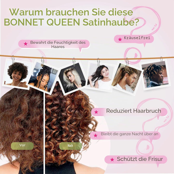 BONNET QUEEN Satin Seiden Schlafmütze Verstellbar Damen Herrn Motorhauben Nacht Haarpflege Schutz Ko