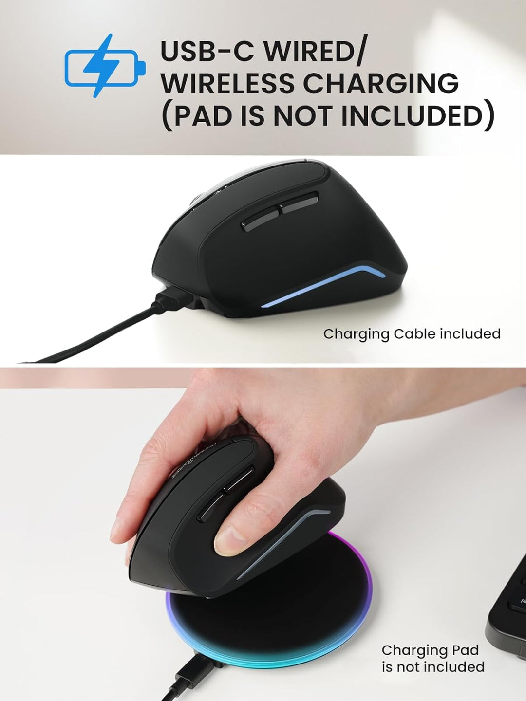 Perixx PERIMICE-715R Kabellose Wiederaufladbare Vertikale Maus – Duale Ladefunktion (Kabel & Wireles