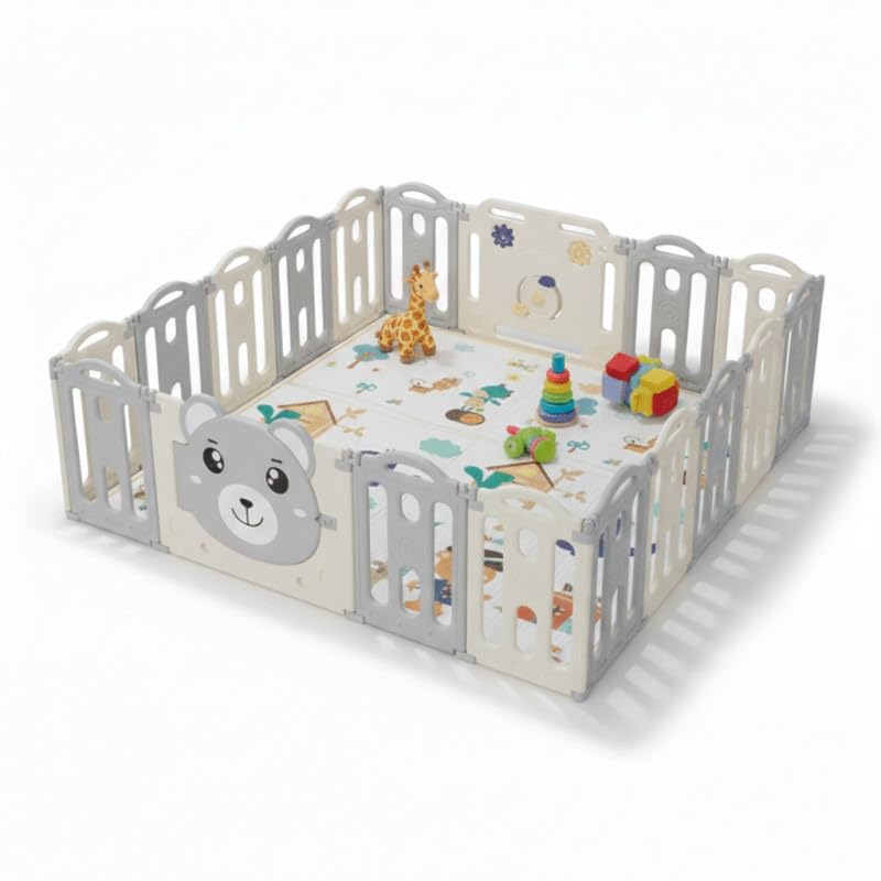 Laufgitter Baby Laufstall Kunststoff PL40 GREY, XXL 185x185cm Babylaufstall mit 16 Paneelen, Spielpa