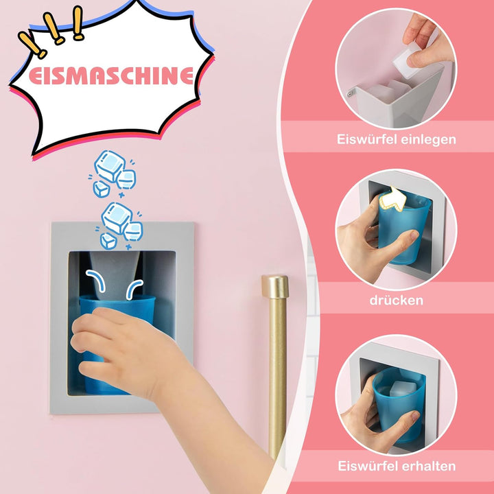 COSTWAY Kinderküche mit Zubehör, Kinder Küche mit Eismaschine & Dunstabzugshaube & Tafel & Grill & B