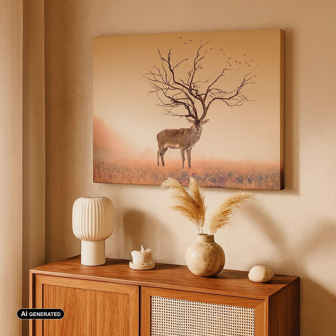 ARTTOR Bilder auf Leinwand 100x70cm Leinwandbild Hirsch Baum Nebel Wald Gross Wanddeko Bild Schlafzi