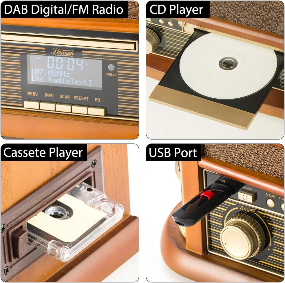 SHUMAN 8 IN 1 Holzmusik System mit Plattenspieler,CD-MP3-Player,Kabellos,USB-Anschluss,DAB, FM-Radio