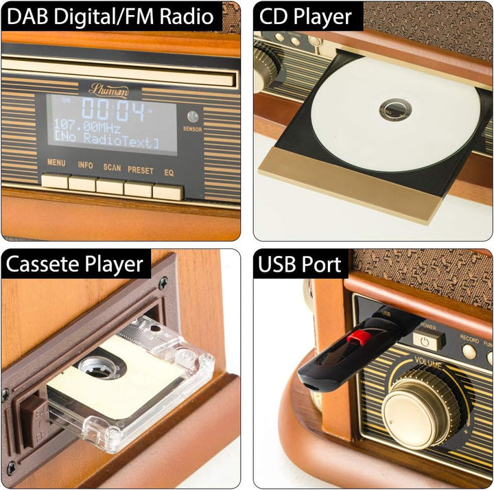 SHUMAN 8 IN 1 Holzmusik System mit Plattenspieler,CD-MP3-Player,Kabellos,USB-Anschluss,DAB, FM-Radio