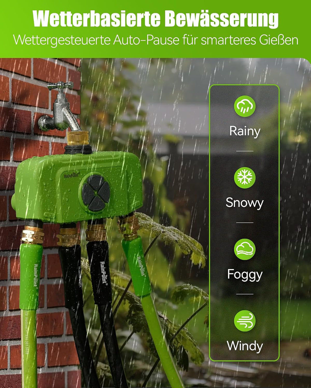 RAINPOINT Bewässerungscomputer WLAN mit Gateway, 4 Ausgänge mit Messing EIN-/Ausgang, Wetter- &amp; bode