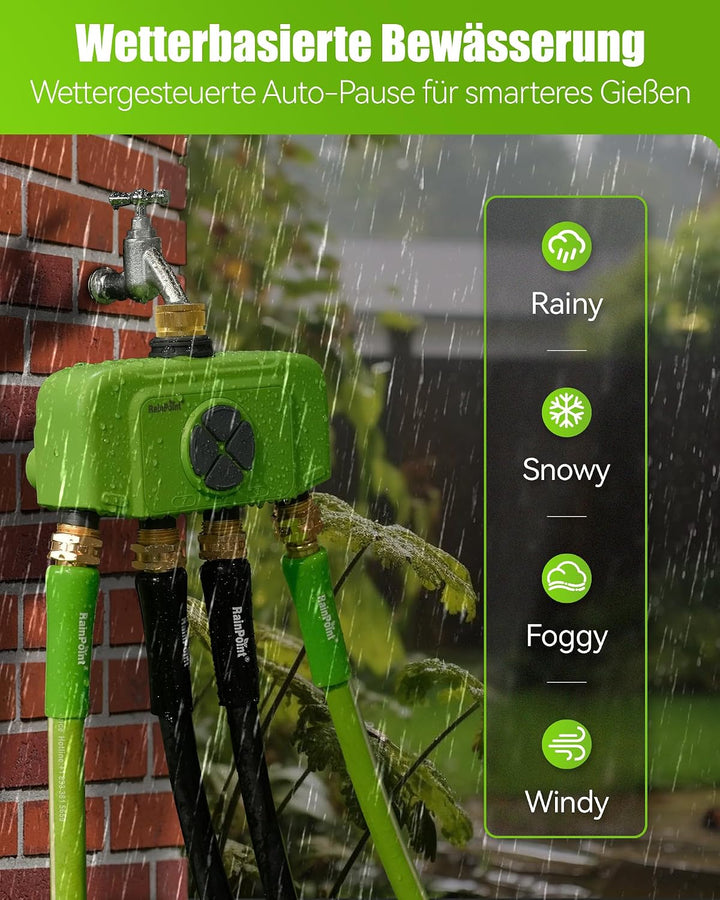 RAINPOINT Bewässerungscomputer WLAN mit Gateway, 4 Ausgänge mit Messing EIN-/Ausgang, Wetter- &amp; bode