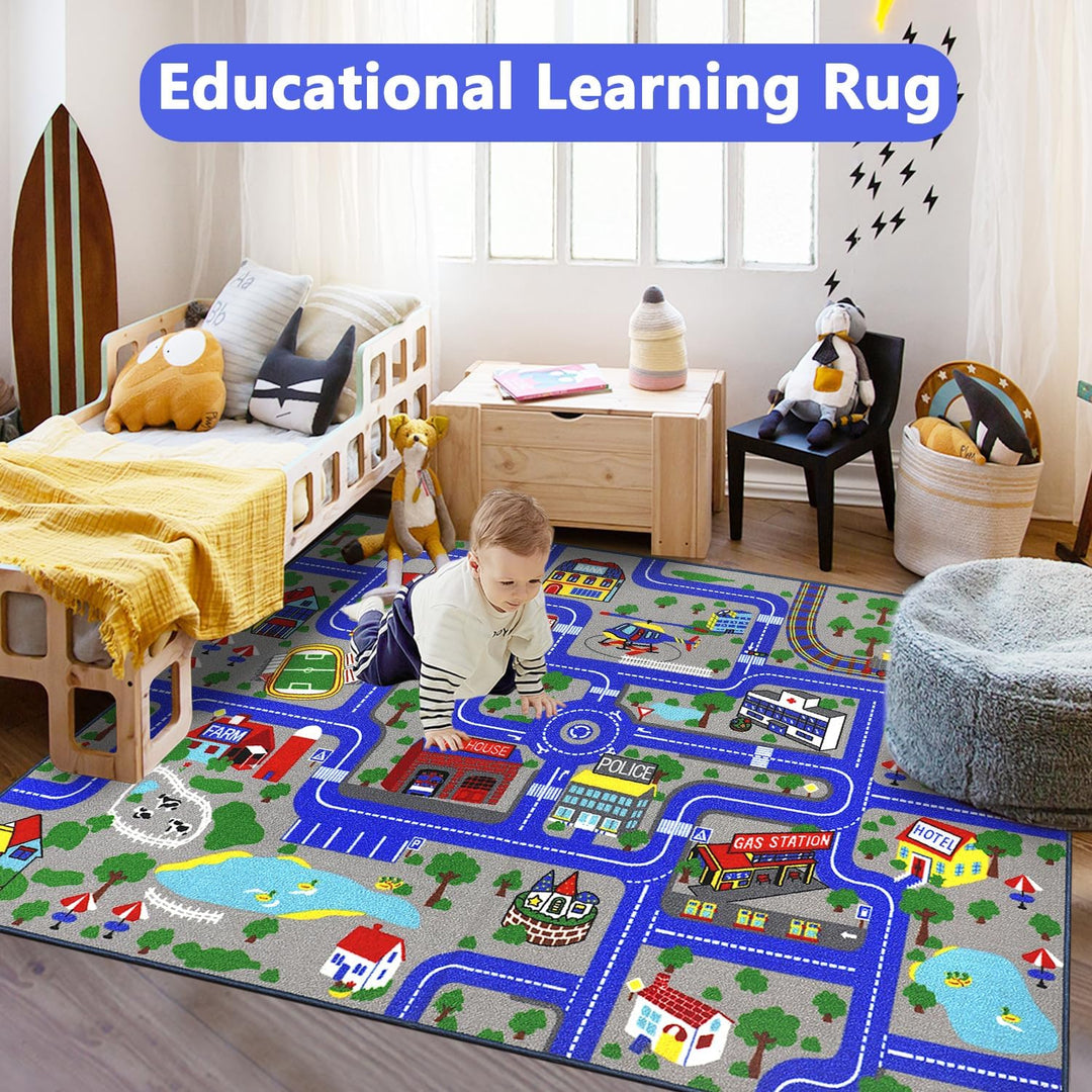 Capslpad Kinder Teppich Spielteppich für Kinder Stadt 150x200cm rutschfest Kinderteppich Spielmatte