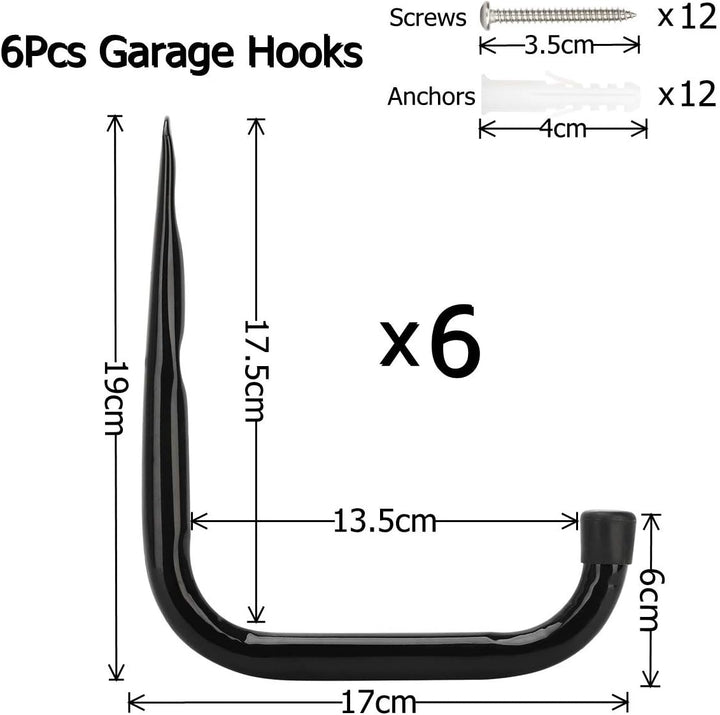 pipabiba 17 cm Garagen-Leiterhaken, 6 Stück, robuste Wandhalterung, Organizer für Klappstühle, Fahrr