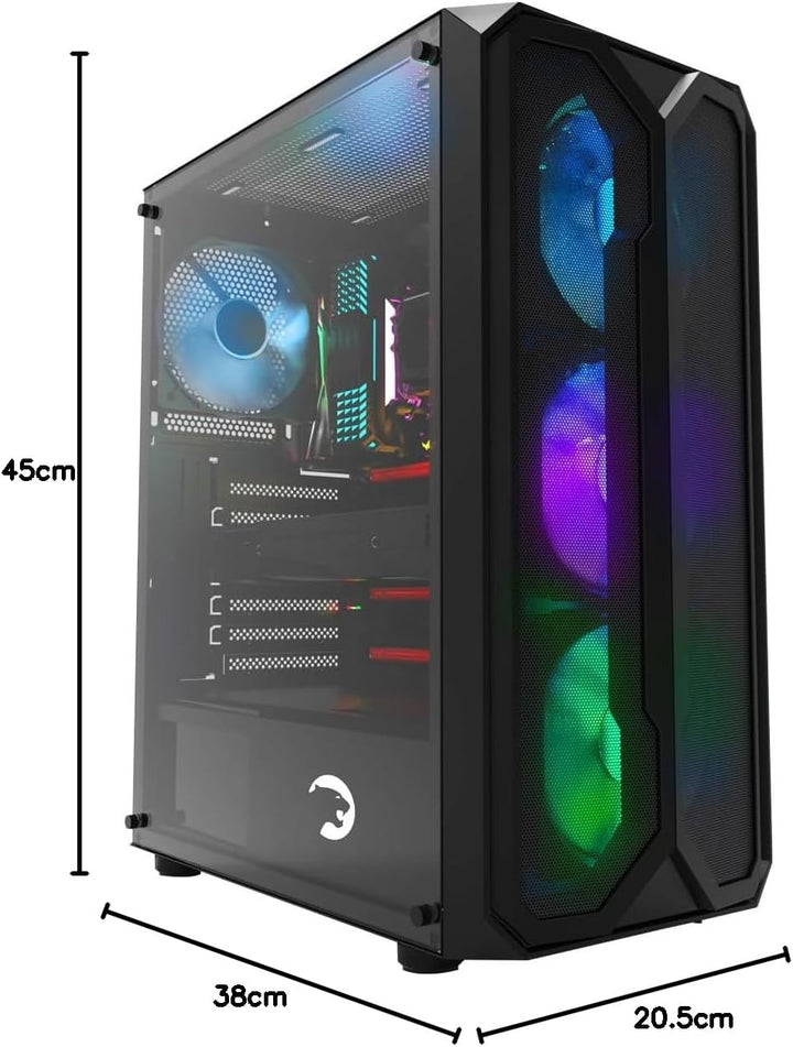 GAMEPOWER Aura Gaming PC-Gehäuse – ATX-Desktop-Case mit gehärtetem Glas, 4X 120mm Lüfter (ohne RGB),