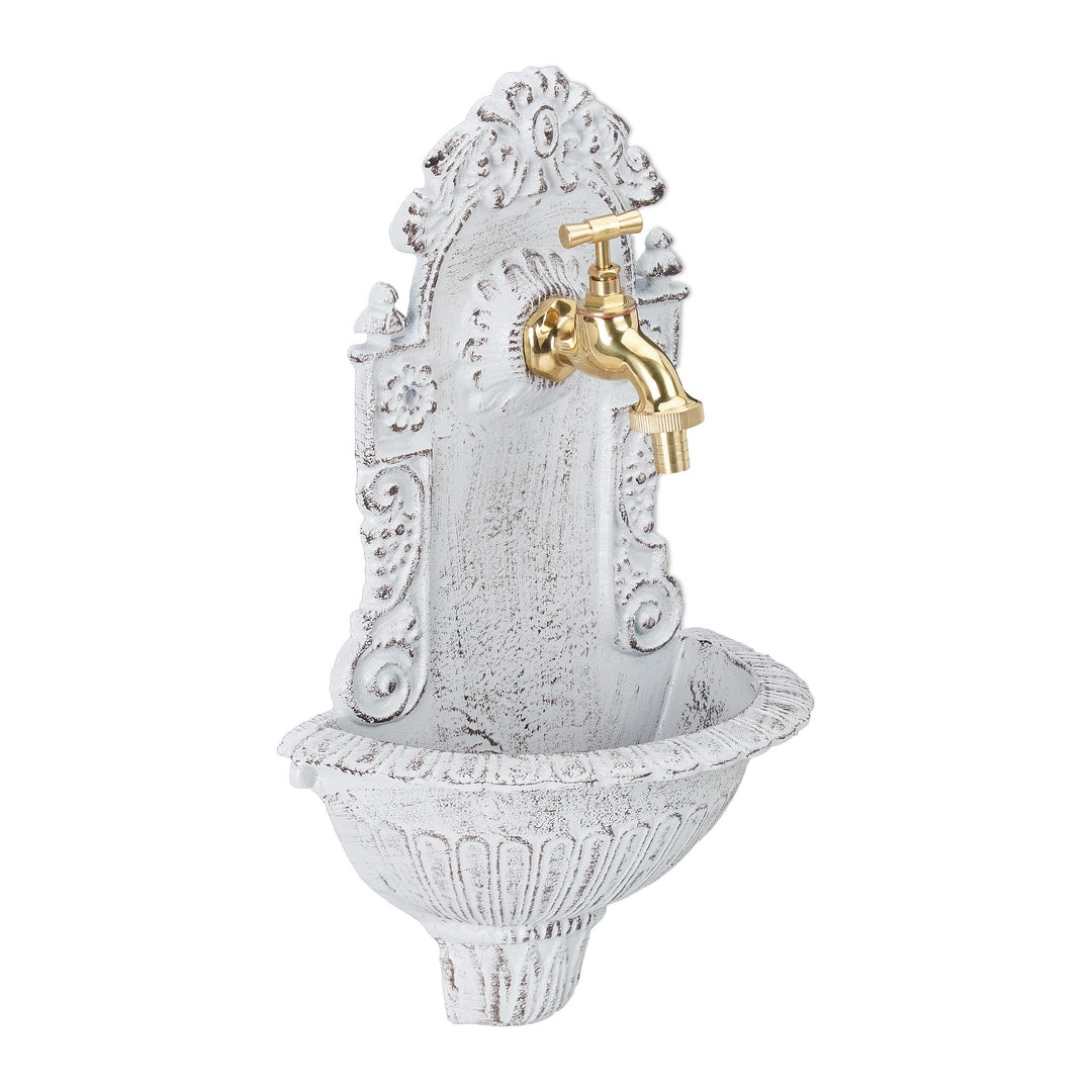 Relaxdays Wandbrunnen antik, mit Wasserhahn, nostalgisch, Waschbecken Garten, Aluguss, H x B x T 40