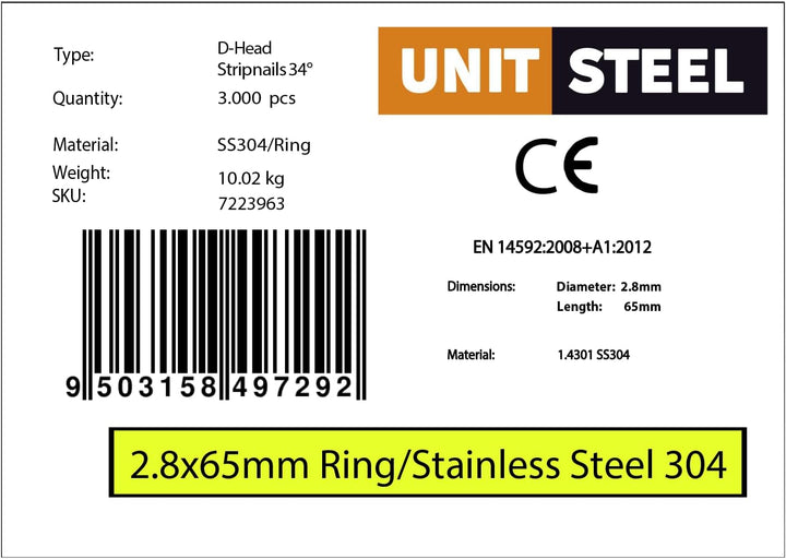 34° Halbkopf-Streifennägel - 2,8X65mm, 3.000 stück, Nägel für Druckluft-Nagler, D-Kopf, Ring/Rostfre