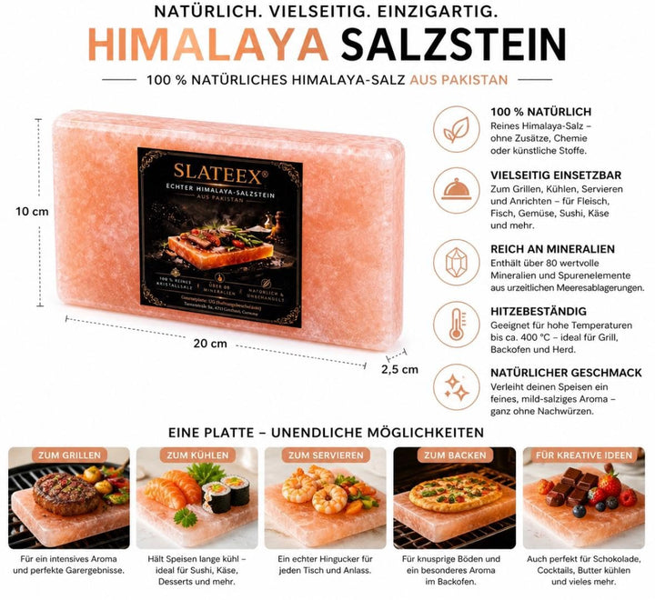 Slateex 2er Set Himalaya Salzstein 20×10×2,5 cm – Reine Salzplatten zum Grillen &amp; Kochen – Naturprod