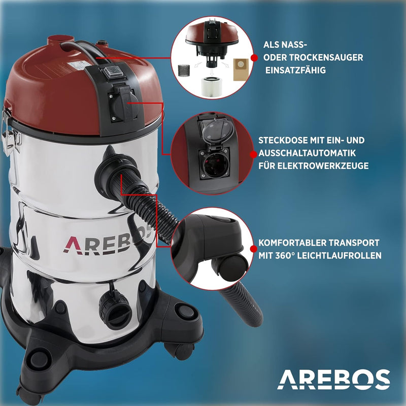 Arebos Industriestaubsauger 1300W | Nass- & Trockensauger | Mehrzwecksauger Wasser-Staubsauger | Wer