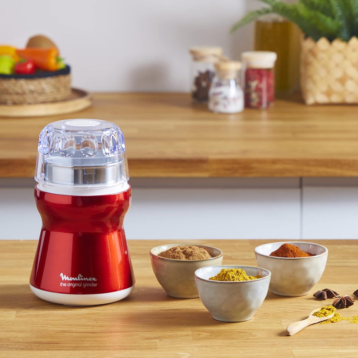 Moulinex AR1105 Kaffeemühle | mit Edelstahlbehälter | Durchsichtiger Deckel | Red Ruby/metallic-rot/