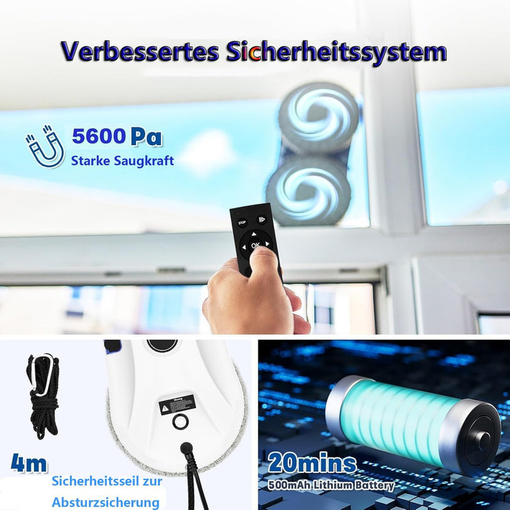 Fensterputzroboter, 5600Pa Elektrischer Fensterreiniger Roboter mit Fernbedienung und Kantenerkennun