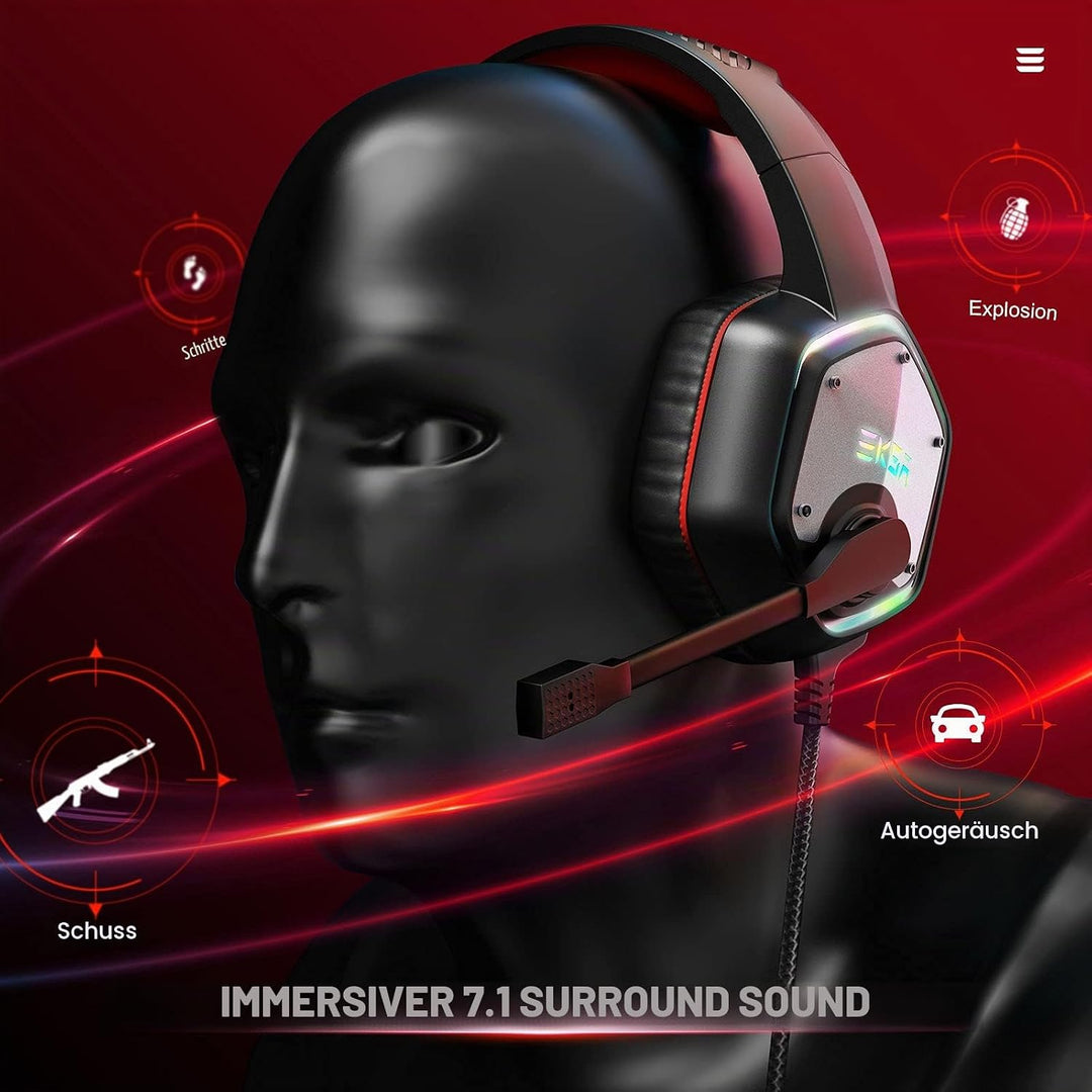 EKSA Gaming Headset, PC Headset mit Mikrofon 7.1 Surround Sound &amp; RGB Lichter, Kopfhörer mit Kabel R