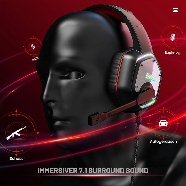 EKSA Gaming Headset, PC Headset mit Mikrofon 7.1 Surround Sound &amp; RGB Lichter, Kopfhörer mit Kabel R
