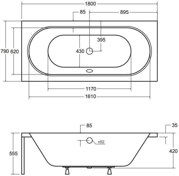 KOLMAN Badewanne VITAE Rechteck 150x75 mit Wannenträger, Ablaufgarnitur und Füssen Komplettset 4in1