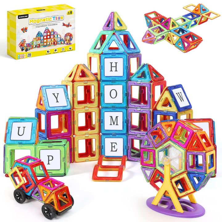 ECHOCUBE Magnetic Building Blocks Set 70PCS - Educational Magnet Tiles mit Hellen Farben, Kinder Con