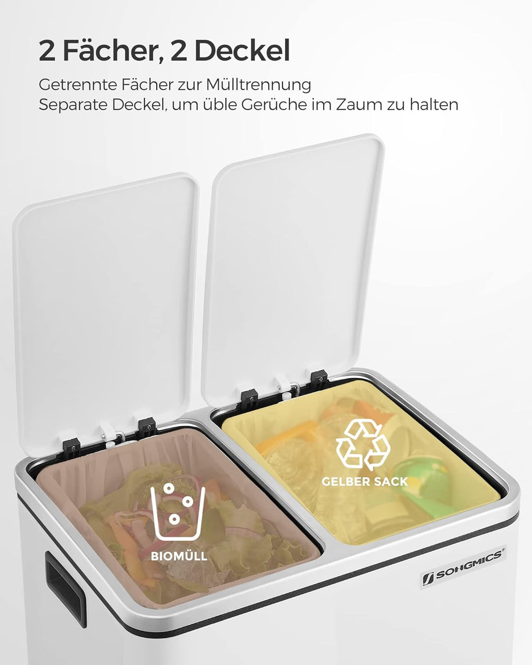 SONGMICS Mülleimer Küche, 2 x 15 Liter, Mülltrennsystem 2 Fächer, Abfalleimer, Treteimer, für gelben