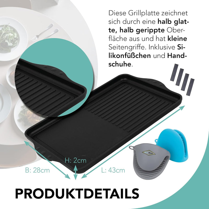 MaxxGoods - Aluminiumguss Grillplatte halb glatt gerippt - 43x28x2cm - für Induktion & alle gängigen