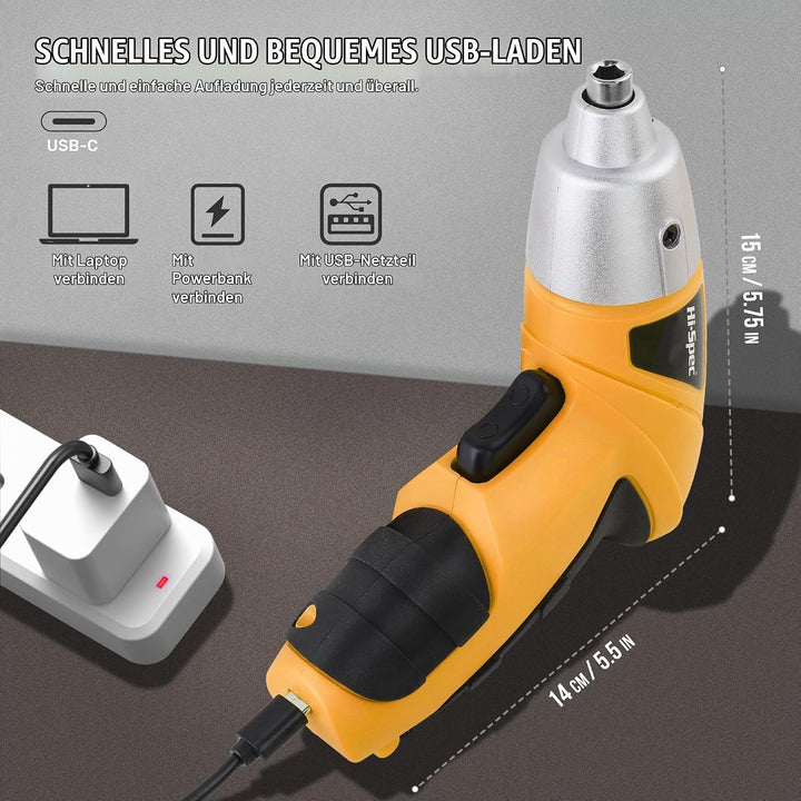 Hi-Spec 19-tlg. Gelb Werkzeugset mit USB 3.6V Akkuschrauber. Kleiner Werkzeugsatz mit elektrischem S