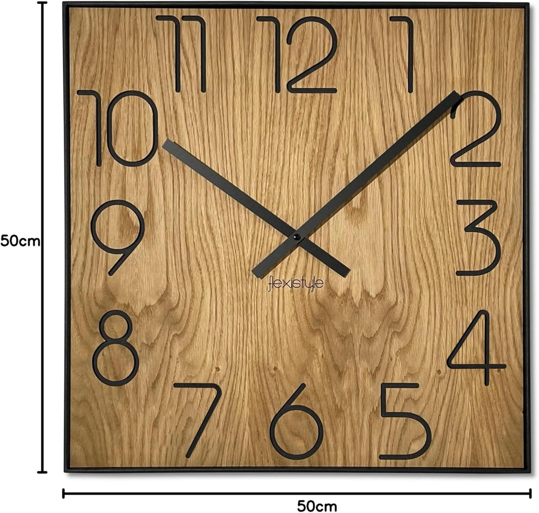 FLEXISTYLE Holzwanduhr Wood Square Holz Eiche 50cm Durchmesser holzoptik ohne tickgeräusche