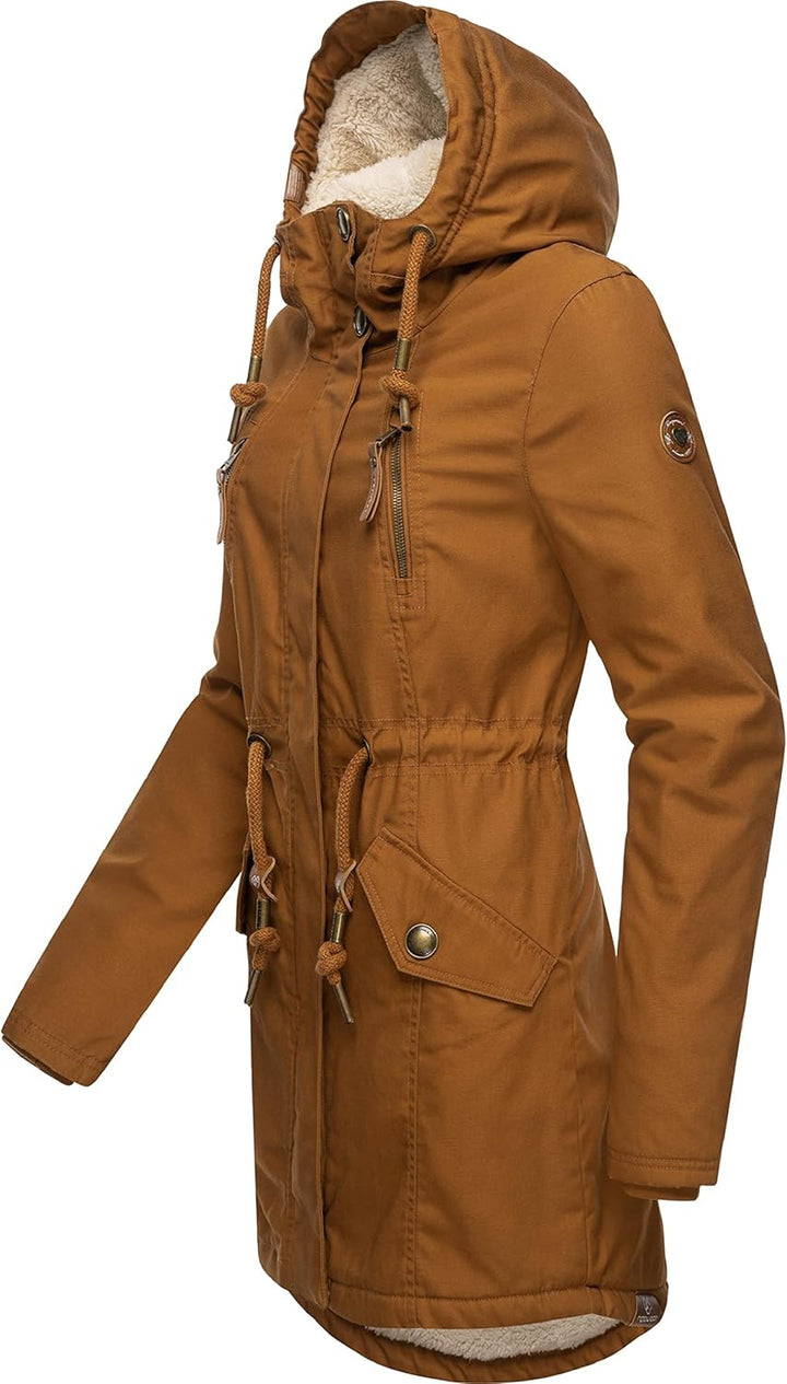 Ragwear Damen Mantel Lange warme Winterjacke mit Teddyfell-Kapuze Elsie Intl XS-5XL M Cinnamon22, M