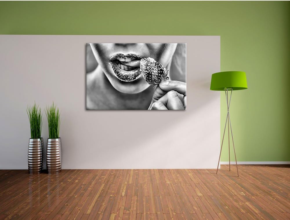 Pixxprint Erdbeere Zucker Lippen als Leinwandbild/Grösse: 100x70 cm/Wandbild/Kunstdruck/fertig bespa