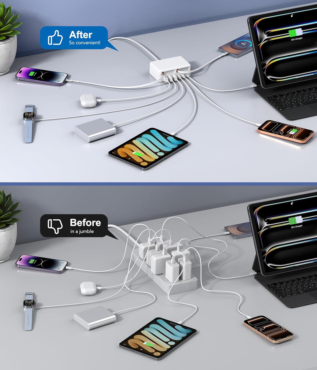 120W USB C Ladegerät, 8-Port USB C Schnellladegerät Netzteil mit Einziehbarem Kabel, PD+QC 3.0 GaN U