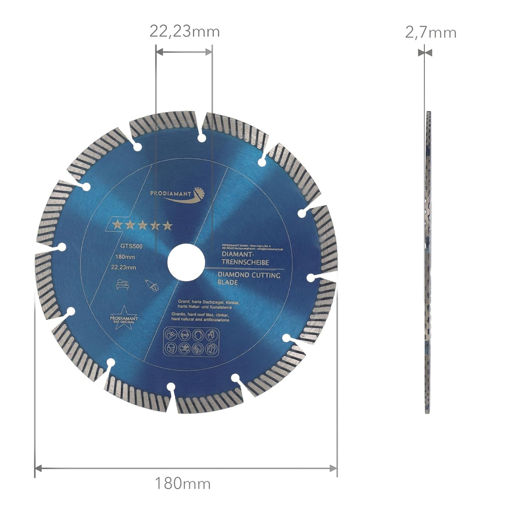 PRODIAMANT Fastcut Highspeed Diamant-Trennscheibe 180 mm x 22,23 mm für sehr harte Baustoffe wie Kal