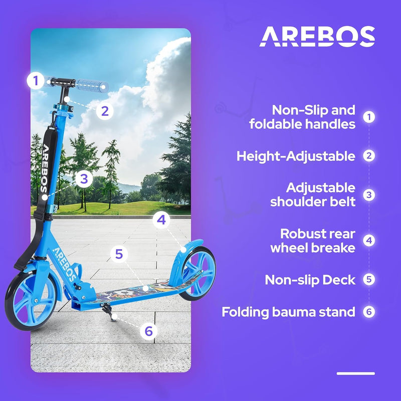 Arebos Cityroller Tretroller Scooter höhenverstellbar | klappbar | inkl. Traggurt | XXL Räder | Trit