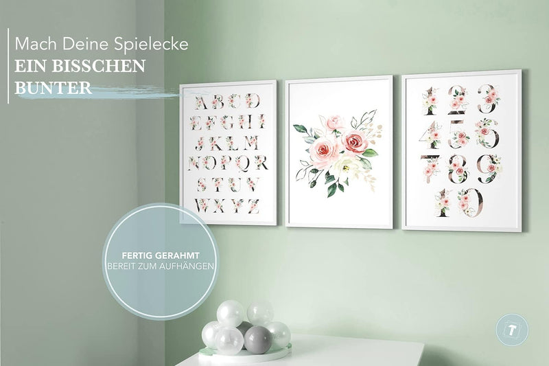 Papierschmiede® Kinderbilder 3er Set Lernposter, A4 gerahmt in Holzrahmen (weiss), Geschenk für Mädc