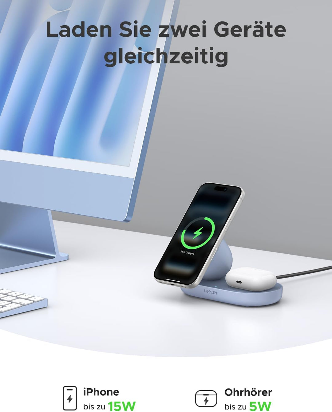 UGREEN 2-in-1 Magnetisches Kabelloses Ladegerät 15W, Qi2 zertifizierte iPhone Ladestation kompatibel