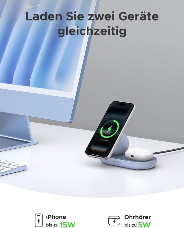 UGREEN 2-in-1 Magnetisches Kabelloses Ladegerät 15W, Qi2 zertifizierte iPhone Ladestation kompatibel