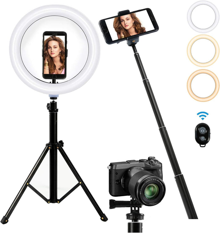 D94DS 10" Ringlicht mit Stativ und Handyhalter, Dimmbares LED Licht mit 3 Farbmodi und 10 Helligkeit