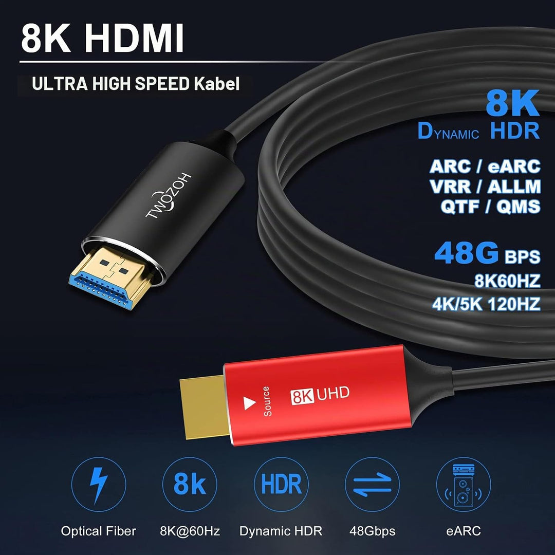 Twozoh 8K Glasfaser HDMI Kabel 20M, Hochgeschwindigkeits HDMI 2.1 Optisches kabel unterstützt 48Gbps