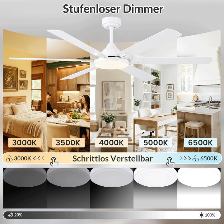 Newday Deckenventilatoren Weiss mit 6 Flügel, 153cm Gross Deckenventilator mit Beleuchtung und Fernb