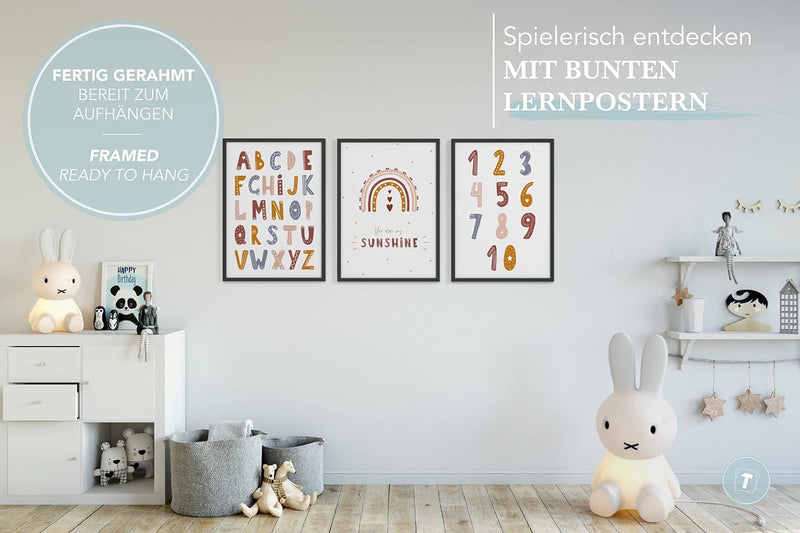 Papierschmiede® Kinderbilder 3er Set Lernposter, A4 gerahmt in Holzrahmen (schwarz), Geschenk für Mä