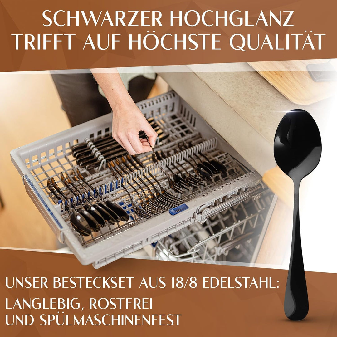 Glavory - Besteck Set 12 Personen Schwarz Hochglanz - 60teilig - Besteckset Spülmaschinenfest aus ro