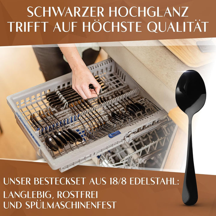 Glavory - Besteck Set 12 Personen Schwarz Hochglanz - 60teilig - Besteckset Spülmaschinenfest aus ro