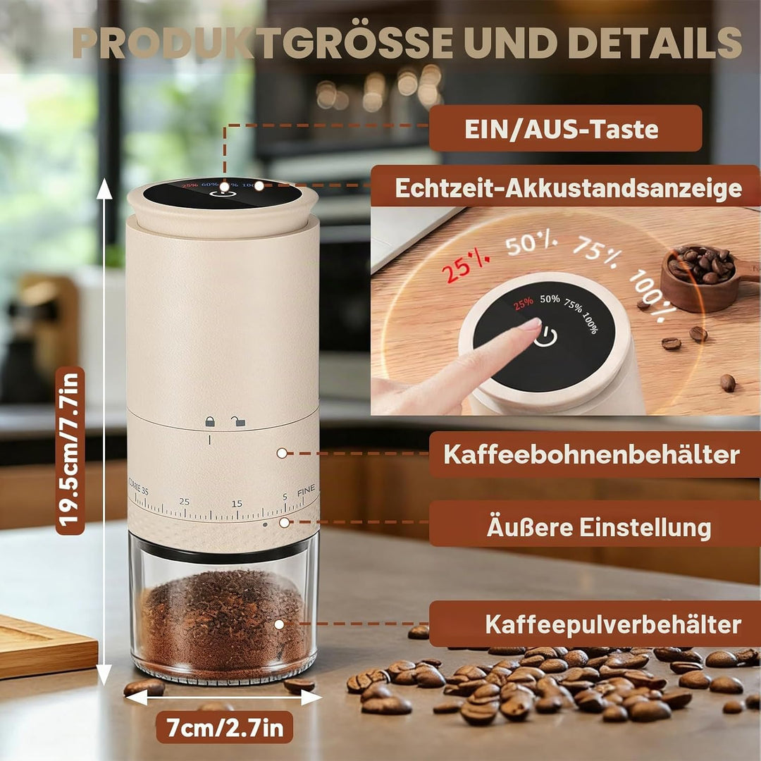 Kaffeemühle Elektrisch, USB Wiederaufladbare Tragbare Kaffemühle, Konische Mühle für Espresso mit LE