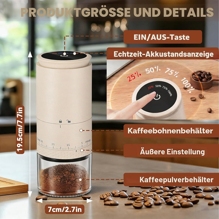 Kaffeemühle Elektrisch, USB Wiederaufladbare Tragbare Kaffemühle, Konische Mühle für Espresso mit LE