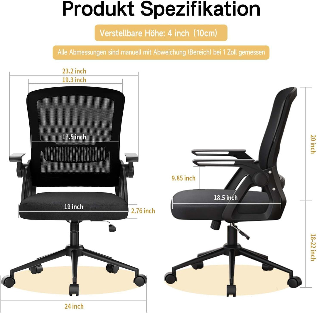naspaluro Bürostuhl mit Hochklappbare Armlehnen, Schreibtischstuhl Ergonomisch, Drehstuhl mit Netzbe