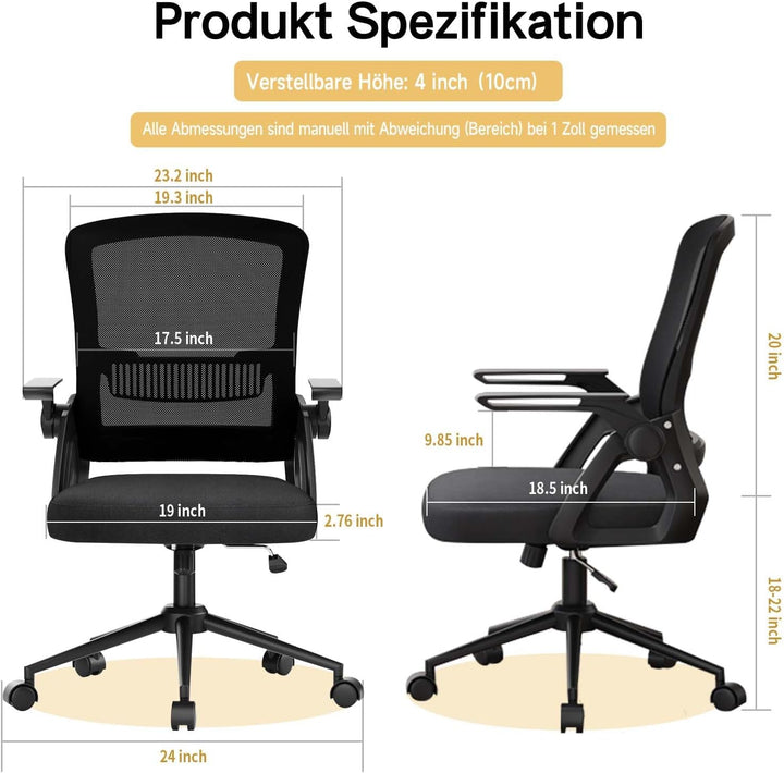 naspaluro Bürostuhl mit Hochklappbare Armlehnen, Schreibtischstuhl Ergonomisch, Drehstuhl mit Netzbe